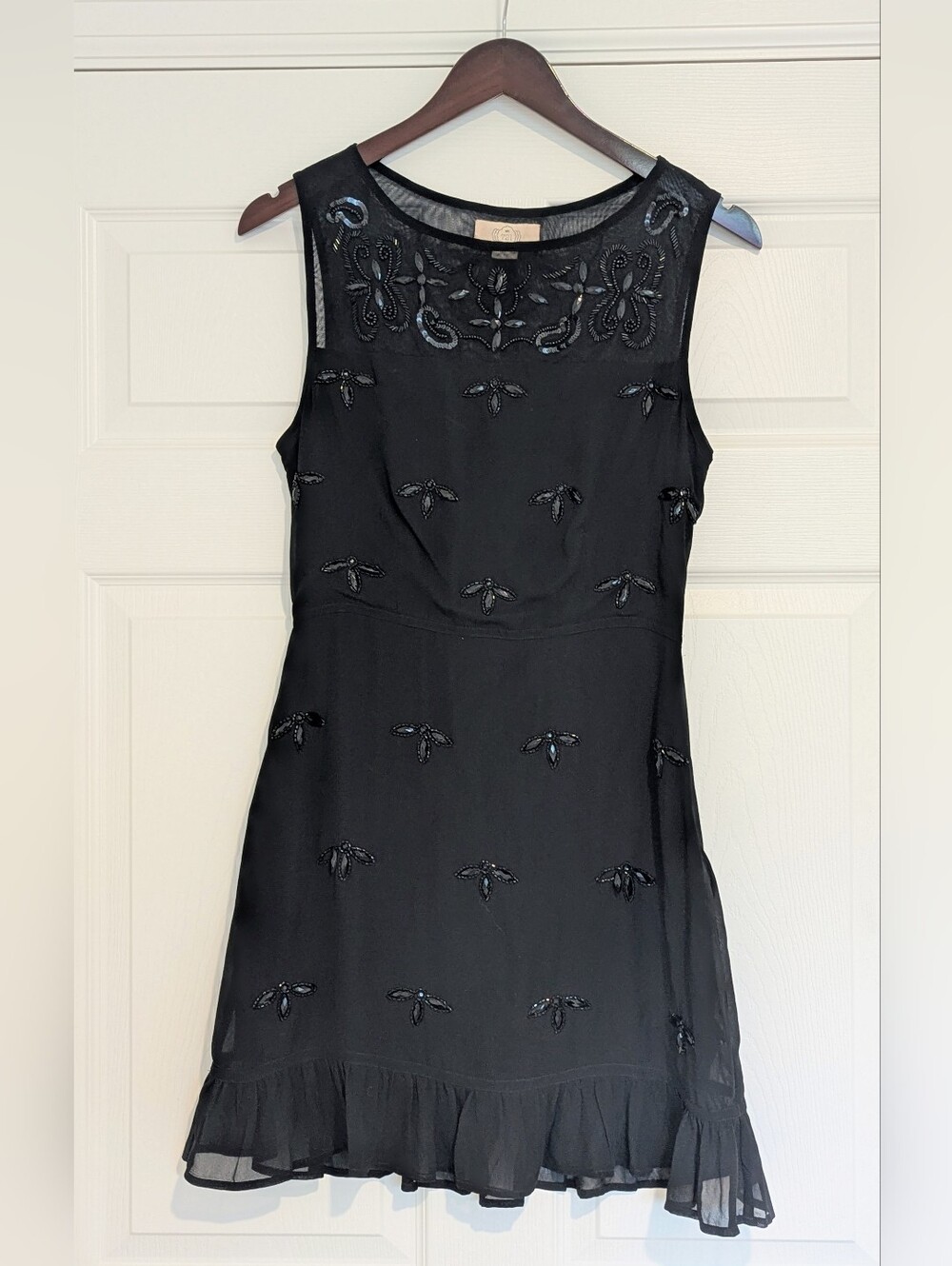 NFC 721 Black Beaded Mini Dress Small Mesh Sequin‎ Ruffle Hem Party Cocktail